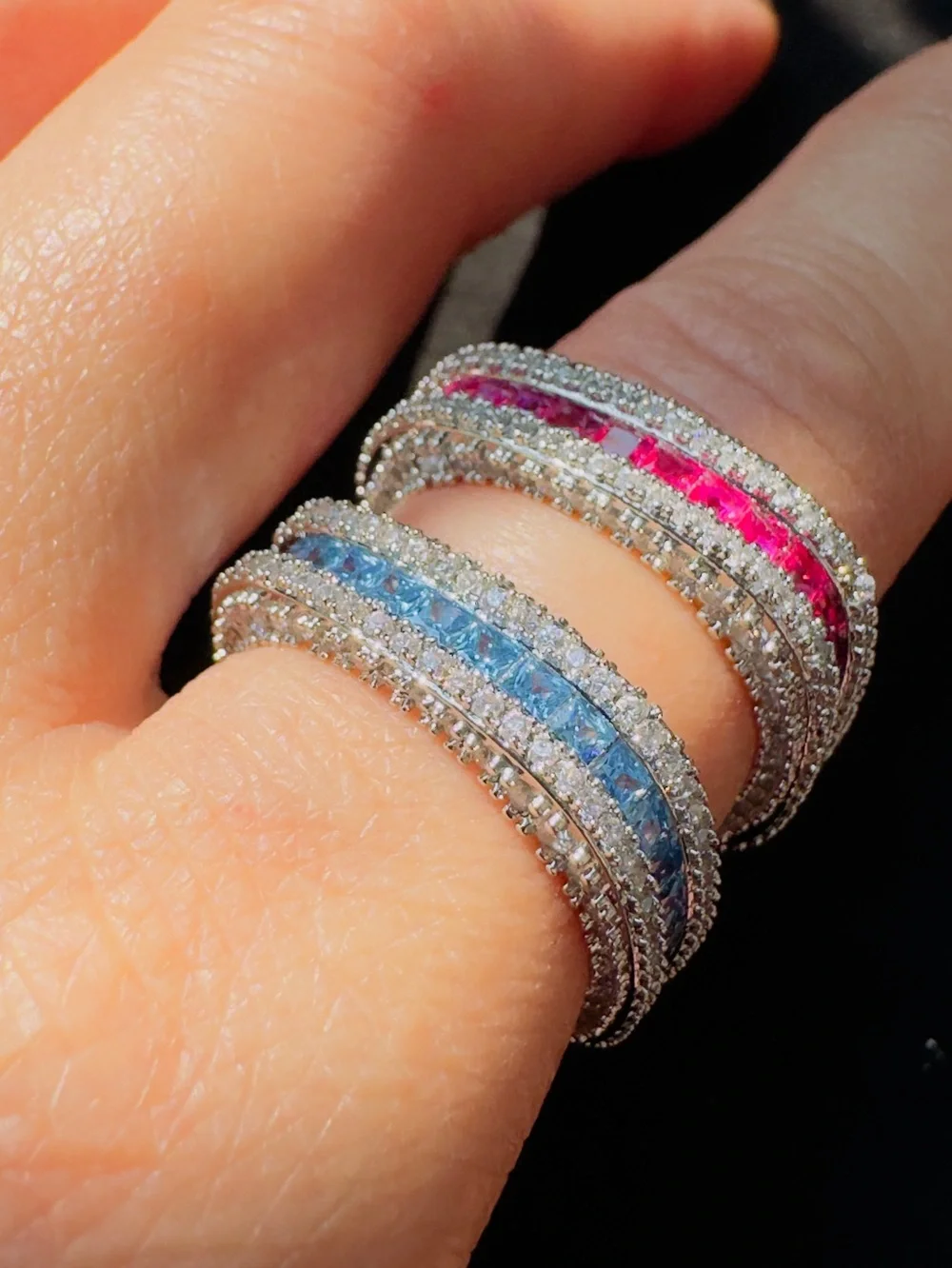 Silver-Tone Pink Crystal Multi-Row Ring